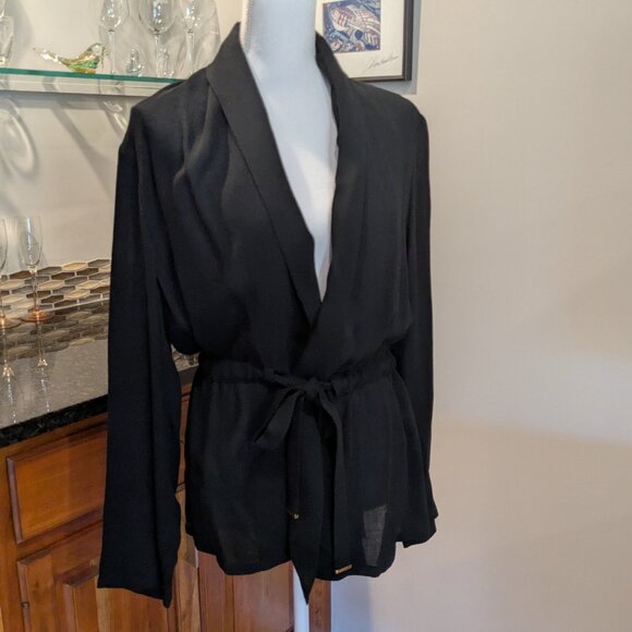 Black Long Sleeve Flowy Thin Fabric Tie Front Cinched Waist Jacket Wrap - Picture 1 of 4